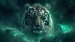 © Asma - A majestic white tiger's face superimposed on a mystical green nebula background, creating a surreal and captivating image