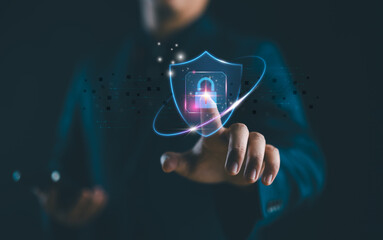 Fototapete - Cybersecurity and privacy concepts to protect data. Lock icon and internet network security technology. Businessman protecting personal data on smartphone, virtual screen interfaces. cyber security.