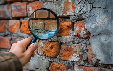 Hand with magnifying glass inspecting brick wall closely, exterior wall inspection image