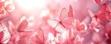 Butterfly Background. Background Of Beautiful Pink Butterflies In A Pink Shade. Butterfly Banner