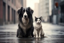 A Small Kitten Snuggled Up To A Big Dog, Stray Animals On The Street, Evening Twilight, Sad Dog Eyes,