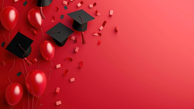 Red Background With Balloons and Graduation Caps