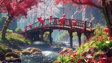 Valentine's Background With A Rustic Bridge Over A Bubbling Stream, Loop Video Background Animation, Cartoon Anime Style, For Vtuber / Streamer Backdrop
