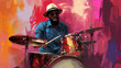 Afro-American male jazz drummer musician playing a drum kit in an abstract vintage distressed style painting for a poster or flyer, stock illustration image