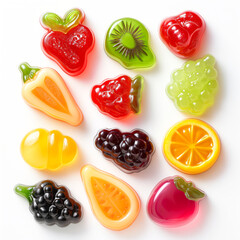 Poster - vibrant and realistic fruit-shaped gummies on a white background