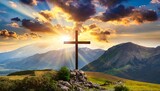 Fototapeta  - jesus christ cross easter resurrection concept christian cross on a background with dramatic lighting colorful mountain sunset dark clouds and sky and sunbeams