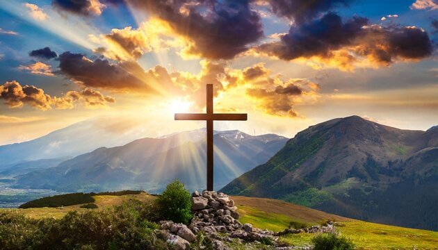 jesus christ cross easter resurrection concept christian cross on a background with dramatic lighting colorful mountain sunset dark clouds and sky and sunbeams