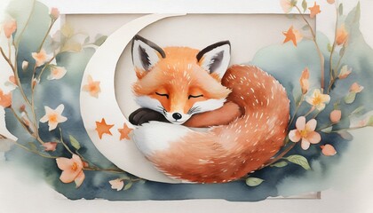 Wall Mural - a cute baby red fox sleeping happy smiling crescent moon tail watercolor baby room frame nursery room frame