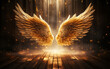 Majestic golden angel wings spread wide open in a wooden room with ethereal light and sparkling dust, symbolizing freedom, spirituality, and guidance