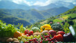 Fresh fruits and vegetables harvest scene illustration, agricultural crop products harvest background image