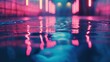 © somchai20162516 - Transparent neon lights glow on retro futuristic water reflection at night.