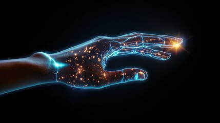 Digital Hand Hologram Displaying Neural Network Connection on Dark Background, Symbolizing Communication with AI