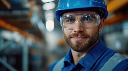 Wall Mural - Young male engineer with blue hard hat checking quality management at a factory. Generative AI.