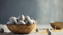 Rustic Easter Celebration: Colorful Quail Egg Nest On Wooden Table