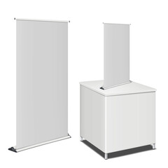 Wall Mural - White tradeshow table counter, floor and countertop blank roll-up retractable banner stands. Trade show promotional set. Pop-up rollup display standee kit. Template for design