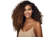 © Iona - Stunning woman with curly hair smiling warmly against transparent background
