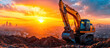 An excavator silhouetted against a dramatic sunset, poised on a mound of earth with a distant city skyline in the background.