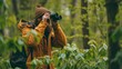 Man Observing With Binoculars While Wearing Backpack Outdoors, Spring