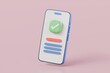 © Theeraphat - 3D Minimal blue mobile phone or smart phone with checkmark icon. Cartoon smartphone isolated on pink pastel background. Phone device Mockup. 3d minimal cartoon design creative icon. 3D Rendering.