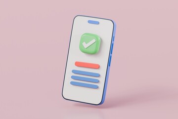 3D Minimal blue mobile phone or smart phone with checkmark icon. Cartoon smartphone isolated on pink pastel background. Phone device Mockup. 3d minimal cartoon design creative icon. 3D Rendering.