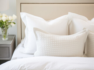 soft white pillows on white bed, zoomed in photo of a bed  2