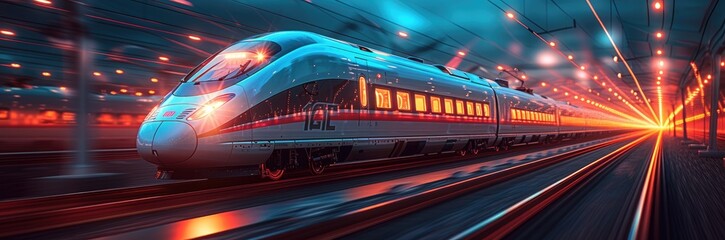 Wall Mural - A high-speed train zooming through a landscape dotted with crypto mining rigs