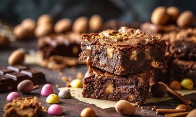 high quality food photo of mouth-watering salted caramel brownies,