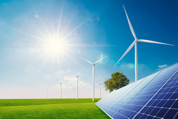 Wind turbines and solar panels generate green energy under a blue sky in a vast field, showcasing the harmony of wind energy and solar energy in a renewable energy farm for an intelligent future city