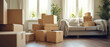 © Ai Studio - Home relocation scene, with boxes in a sunny living room hinting at new beginnings