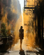 © siripimon2525 - A woman walks through an alley, orange sunlight and city smog.