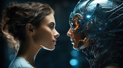 Wall Mural - the concept of future technologies. ai and humans are looking at each other. generative ai