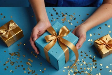 Woman hands holding elegant present gift box with golden ribbon over blue background with confetti. Mother day, Father day greeting card. Top view