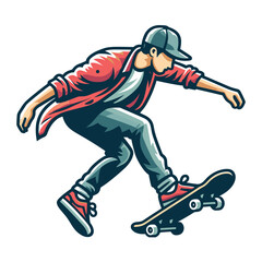 Wall Mural - Man playing skateboard vector illustration, skateboarding sport game male player in action flat design style template isolated on white background