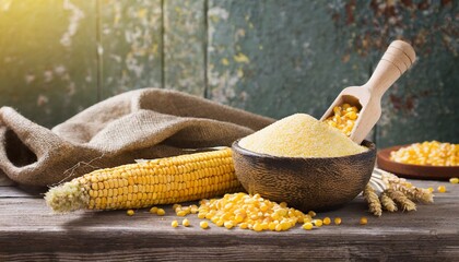Wall Mural - corn groats and seeds corncobs on wooden rustic table