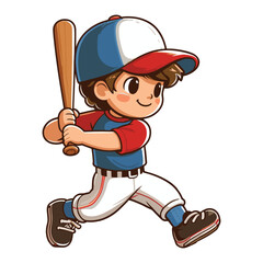 Wall Mural - Happy cute little boy playing baseball softball in action cartoon vector illustration, hitter swinging with bat design template isolated on white background