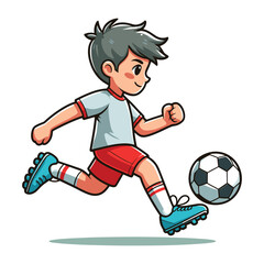 Happy cute little boy playing soccer football game in action cartoon vector illustration, kid player kicking ball design template isolated on white background