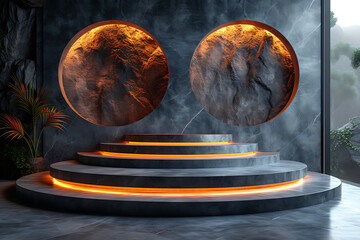 Wall Mural - Background moon style podium on platform 3d product render stand. podium stage minimal abstract background beauty dreamy space studio pedestal