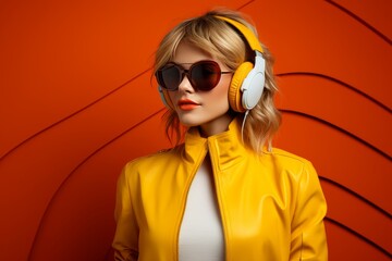 Wall Mural - Creative young woman wearing hi-tech glasses and headphones against vibrant background