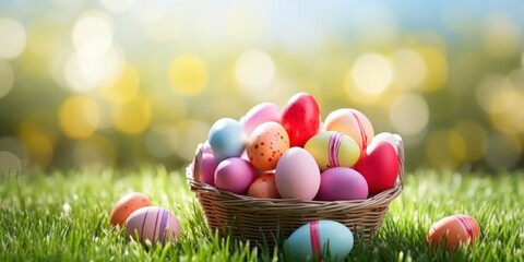 Wall Mural - Easter wicker basket, colorful painted eggs in green grass, sunny day, egg hunt, banner background