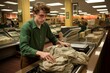 Eco-conscious cashier efficiently filling recyclable bag during grocery store checkout