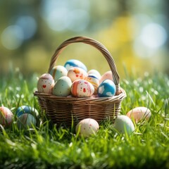 Wall Mural - Easter wicker basket, colorful painted eggs in green grass, sunny day, egg hunt, banner background