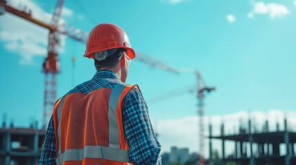 Wall Mural - engineer watching construction site, blue background, blueness, beautiful day light.