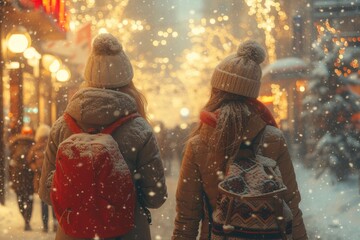 As the snow falls gently around them, two women in elegant coats and hats stand on a wintry street, their eyes filled with wonder and joy as they take in the twinkling christmas lights adorning the b