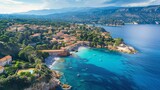 Fototapeta  - Bird's-eye view of Mediterranean coast of France with historic village area in southern France.