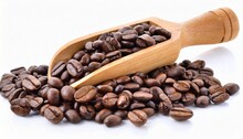 Coffee Beans On Wooden Scoop On White Background