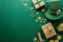 Saint Patrick's Day Concept. Top View Photo Of Leprechaun Hat Present Boxes Spool Of Twine Gold Coins Bow-tie Horseshoe Clovers And Confetti On Isolated Green Background With Copyspace.