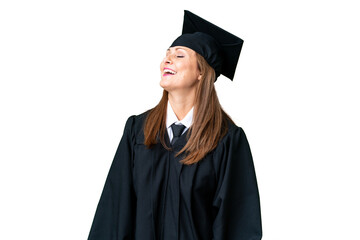 Wall Mural - Middle age university graduate woman over isolated background laughing in lateral position