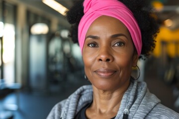 Wall Mural - An overweight afro american mature elderly middle aged woman stands with her back in the gym preparing to play sports, the concept of an active life in old age, taking care of the body 