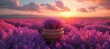 As the sun rises over the violet sky, a basket of lavender sits among a sea of pink and magenta flowers, creating a breathtaking landscape in the great outdoors