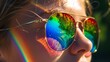 close up of a face with round, colourful sunglasses with reflection on hot summer day. 